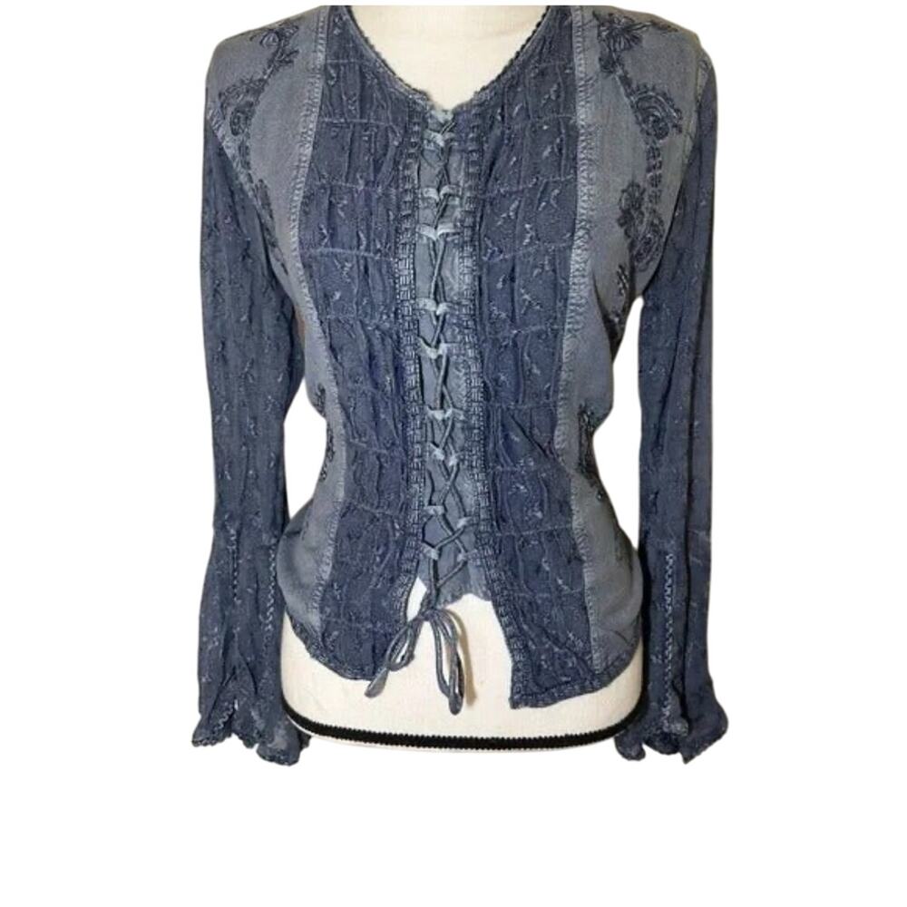 Vintage Boho Chic Lace Panel Top Blue Bell Sleeve Tie Front Size Small